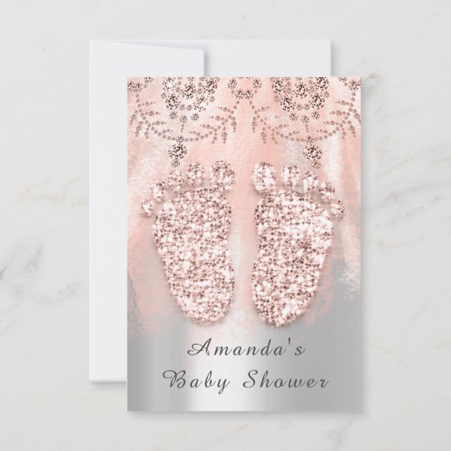 Baby Shower Feet Silver Girl Royal Ro Snöre Rosa Inbjudningar (Baksida)