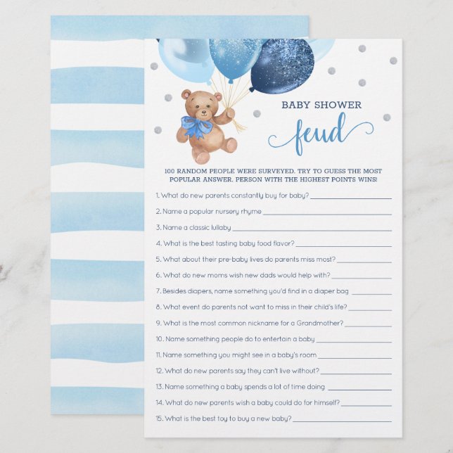 Baby Shower Feud-spel Blå Och Silver Teddybjörn  (Fram/baksida)