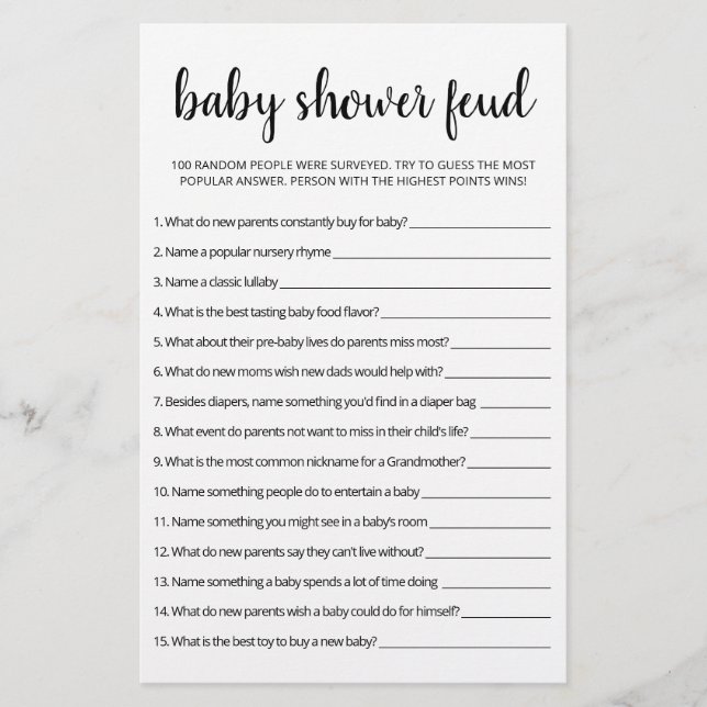 Baby Shower Feud-spel med svar (Framsida)