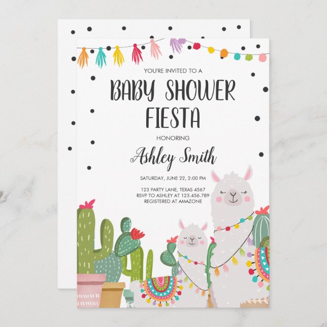Baby Shower Fiesta Cactus Llama Confetti Mexican Inbjudningar (Fram/baksida)