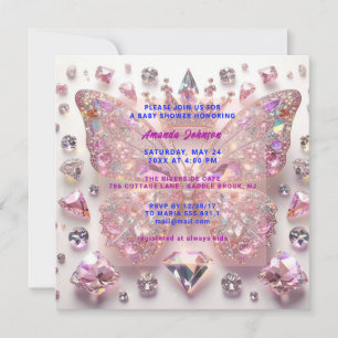 Baby Shower Fjäril Flicka Rosa Kristaller Diamant Inbjudningar