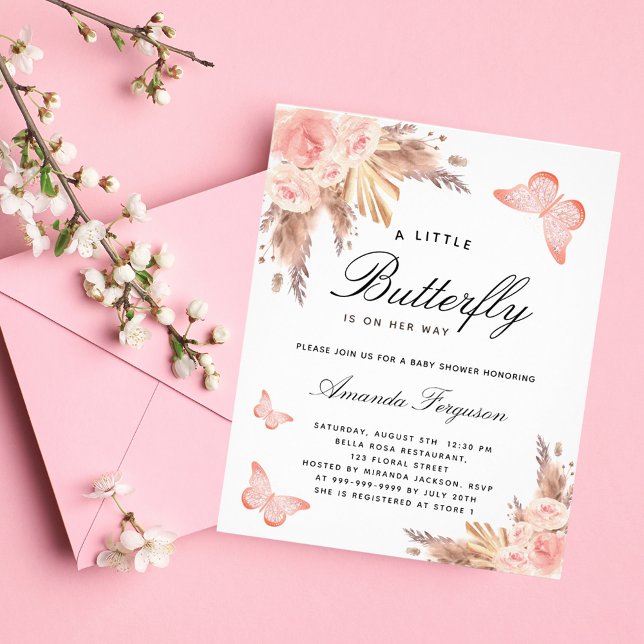 Baby shower fjäril rosé pampas gräs budget flygblad (Skapare uppladdad)