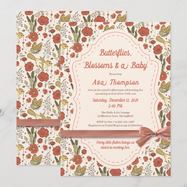 Baby Shower | Fjärilar & Blommor Poetisk Blomma Inbjudningar (Fram/baksida)