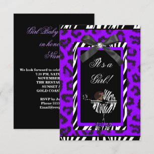 Baby Shower Flicka Baby Lila Svart Zebra Inbjudningar
