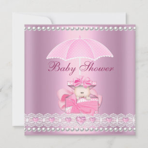 Baby Shower Flicka Baby Rosa Paraply Pärl Vit Inbjudningar