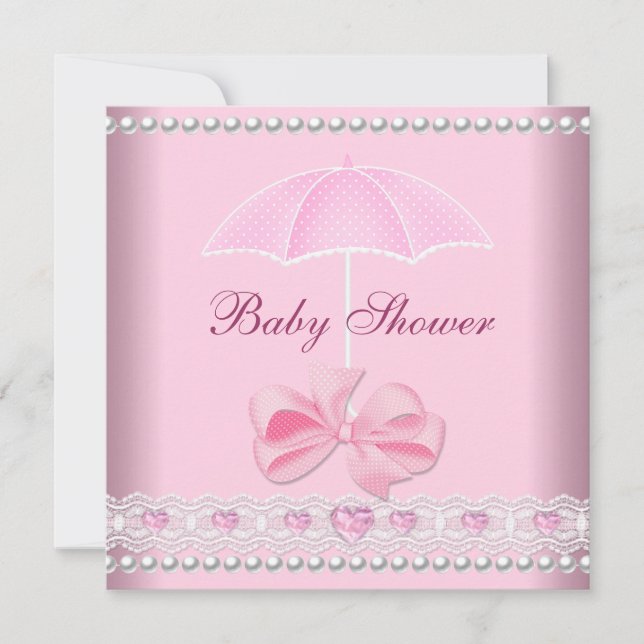 Baby Shower Flicka Baby Rosa Paraply Pärlpärlsling Inbjudningar (Framsida)