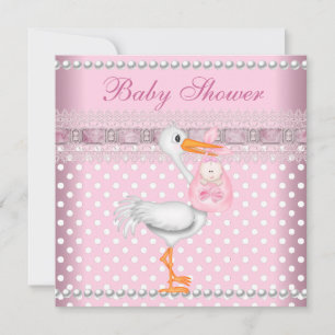 Baby Shower Flicka Baby Rosa Prickig Pärl Stork Inbjudningar