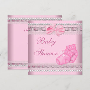 Baby Shower Flicka Baby Rosa Strumpor Pärl Slinga Inbjudningar