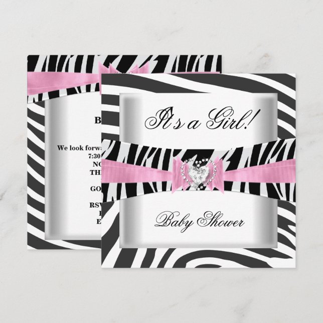 Baby Shower Flicka Baby Rosa Svart Vit Zebra Inbjudningar (Fram/baksida)