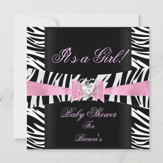 Baby Shower Flicka Baby Rosa Svart Vit Zebra Inbjudningar (Framsida)
