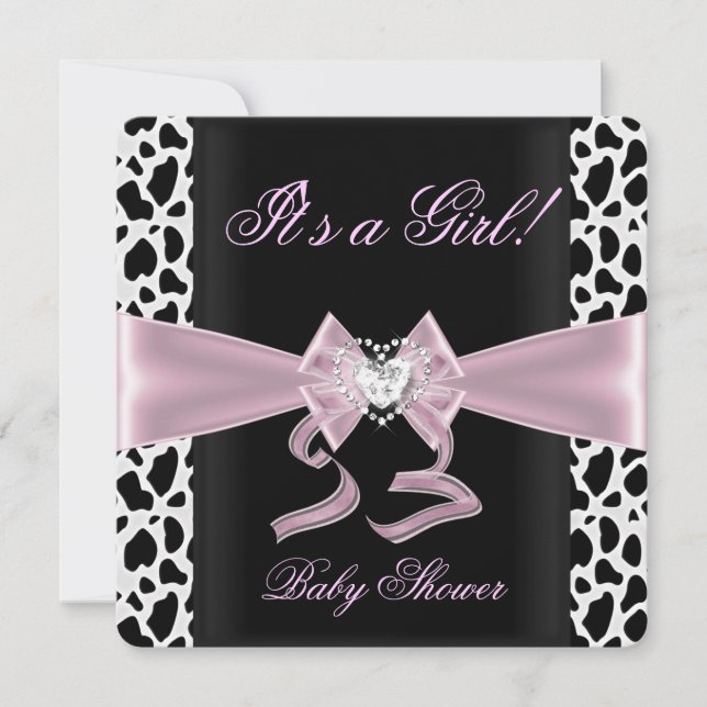 Baby Shower Flicka Baby Rosa Svart Vitt Ko Tryck 2 Inbjudningar (Framsida)
