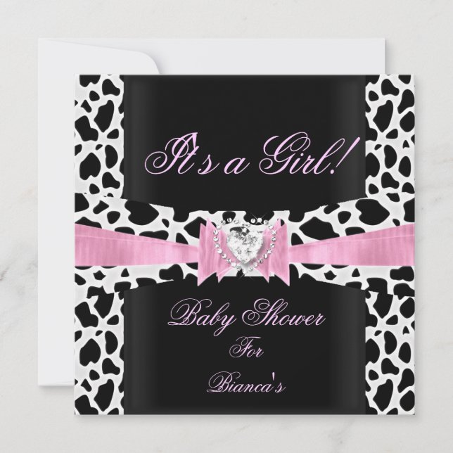 Baby Shower Flicka Baby Rosa Svart Vitt Ko Tryck Inbjudningar (Framsida)