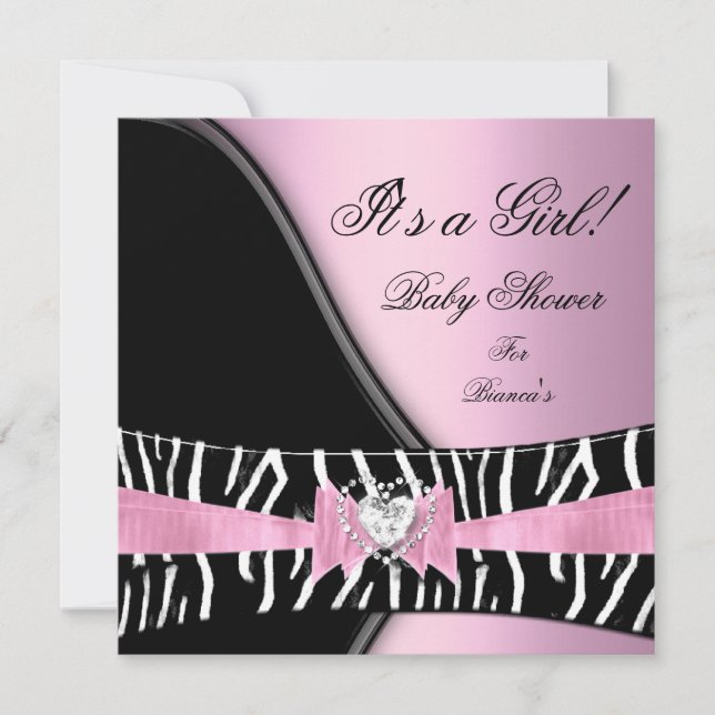 Baby Shower Flicka Baby Rosa Svart Zebra Inbjudningar (Framsida)
