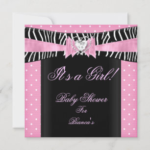 Baby Shower Flicka Baby Rosa Svart Zebra prickar Inbjudningar