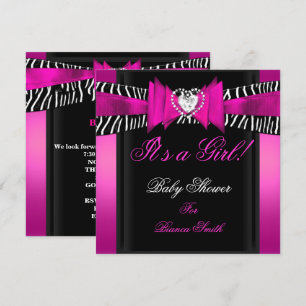Baby Shower Flicka Baby Varm Rosa Svart Zebra Inbjudningar