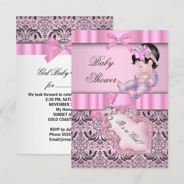Baby Shower Flicka Damask Rosa Grå Inbjudningar (Fram/baksida)