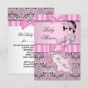 Baby Shower Flicka Damask Rosa Grå Inbjudningar