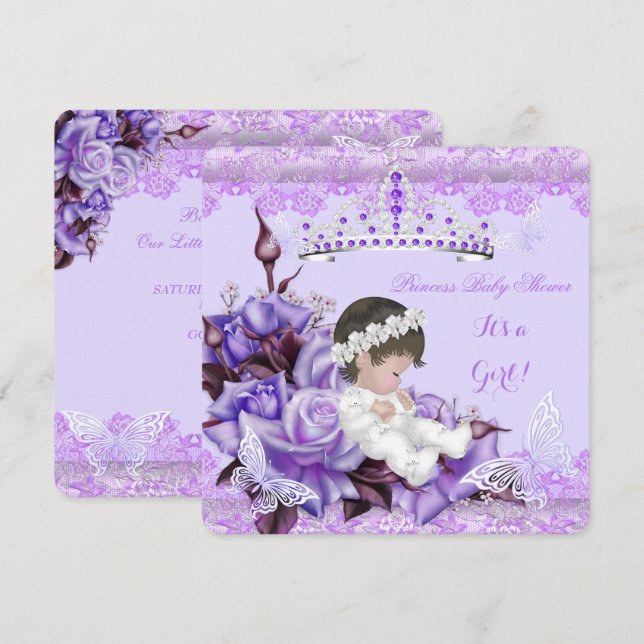Baby Shower Flicka Fjäril Syrlilja Lavendel Ros Inbjudningar (Fram/baksida)