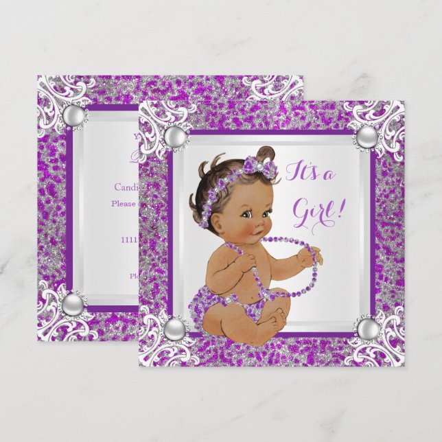 Baby Shower Flicka Glitter Lila Silver Spets Brune Inbjudningar (Fram/baksida)