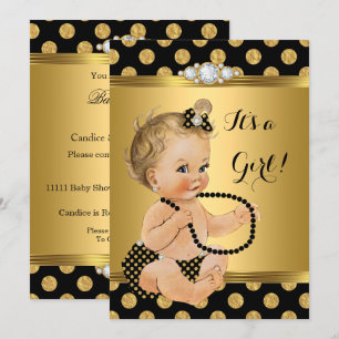 Baby Shower Flicka Guld Folie Svarta Pärlor Blond Inbjudningar