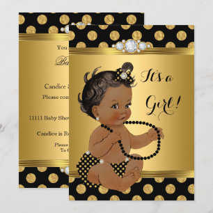 Baby Shower Flicka Guld Folie Svarta Pärlor Etnisk Inbjudningar