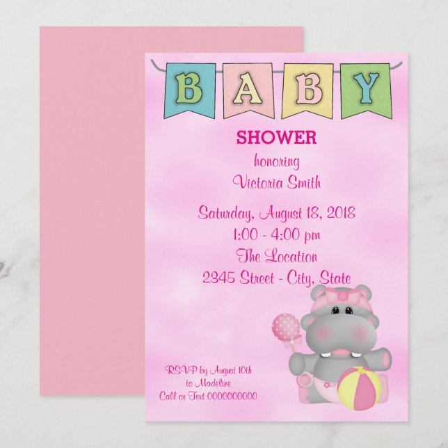 Baby Shower Flicka Hippo Inbjudningar (Fram/baksida)