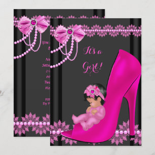 Baby Shower Flicka Hot Pink Babysko Spets 3 Inbjudningar