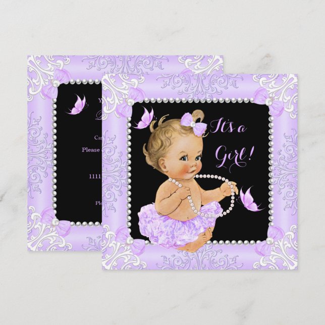 Baby Shower Flicka Lavendel Fjäril Tutu Blond Inbjudningar (Fram/baksida)