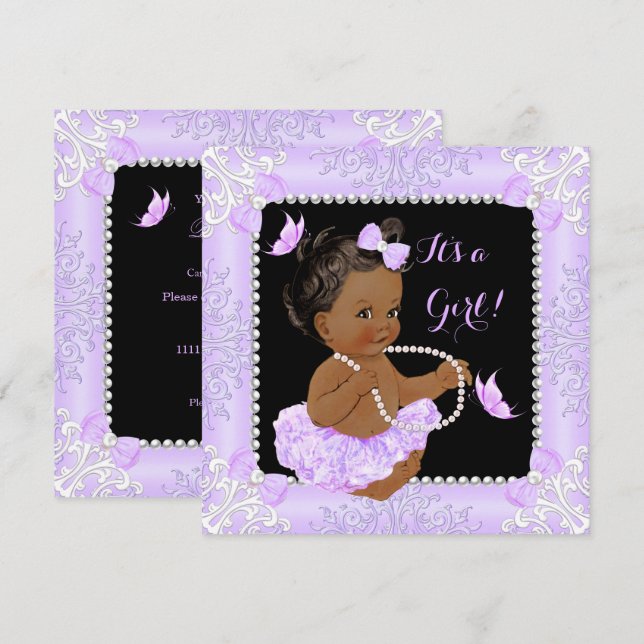 Baby Shower Flicka Lavendel Fjäril Tutu Etnisk Inbjudningar (Fram/baksida)