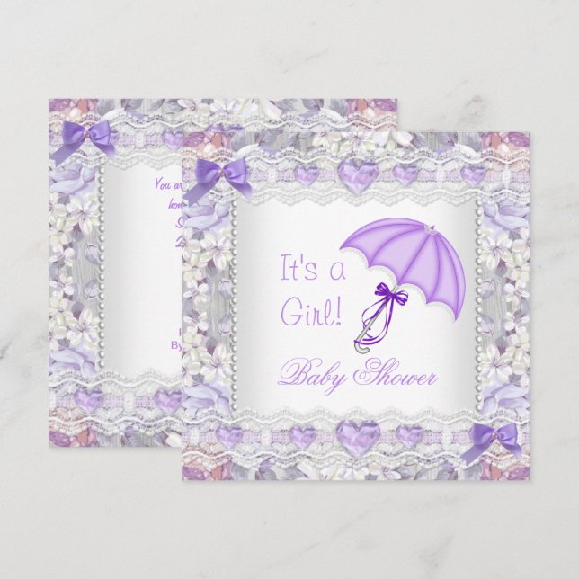 Baby Shower Flicka Lavender Blommigt Umbrella Inbjudningar (Fram/baksida)