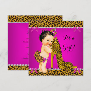 Baby Shower Flicka Leopard Högt Klacksko Rosa Brun Inbjudningar