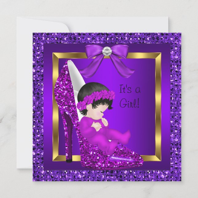 Baby Shower Flicka Lila Glitter Skor Inbjudningar (Framsida)