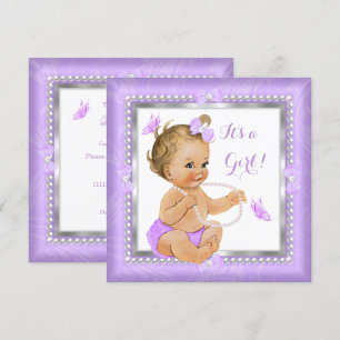 Baby Shower Flicka Lila Pärla Fjäril Blond Inbjudningar