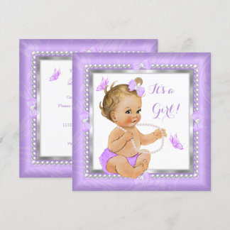 Baby Shower Flicka Lila Pärla Fjäril Blond Inbjudningar