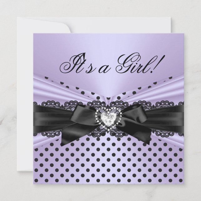 Baby Shower Flicka Lila Svart Spets Prickar Inbjudningar (Framsida)