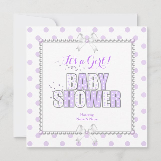 Baby Shower Flicka Lila Vita Prickar Pärlor Inbjudningar (Framsida)