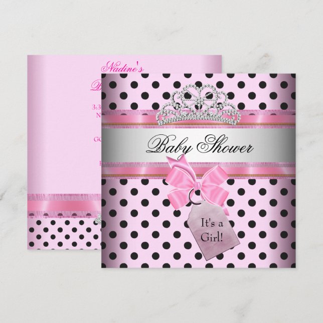 Baby Shower Flicka Prickig Rosa Prinsessa Svart Inbjudningar (Fram/baksida)