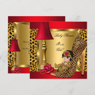 Baby Shower Flicka Röd Guld Rosor Leopardsko 1 Inbjudningar