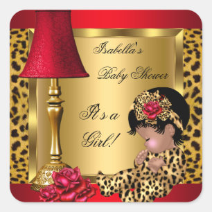 Baby Shower Flicka Röda Guld Rosor Leopard AA Fyrkantigt Klistermärke