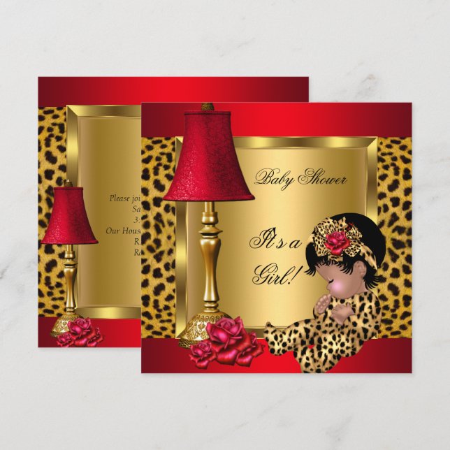 Baby Shower Flicka Röda Guld Rosor Leopard AA Inbjudningar (Fram/baksida)