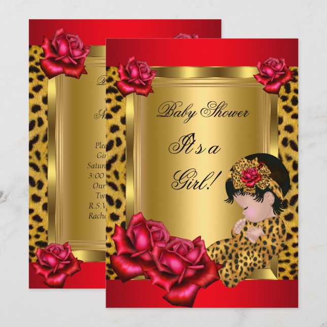 Baby Shower Flicka Röda Guld Rosor Leopard Anpassa Inbjudningar (Fram/baksida)