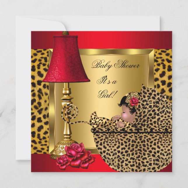Baby Shower Flicka Röda Guld Rosor Leopard Barnvag Inbjudningar (Framsida)