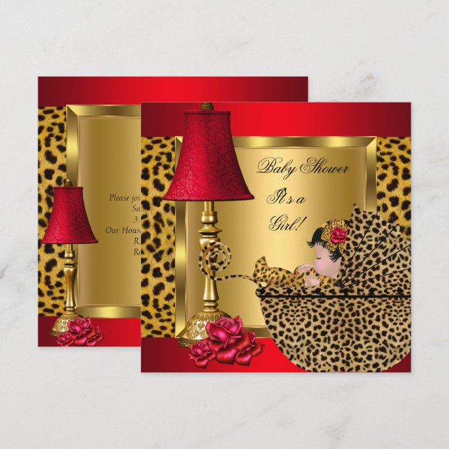 Baby Shower Flicka Röda Guld Rosor Leopard Barnvag Inbjudningar (Fram/baksida)