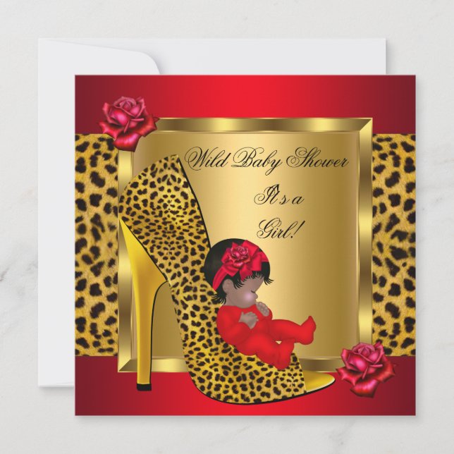 Baby Shower Flicka Röda Rosor Guld Vild Leopard 2 Inbjudningar (Framsida)