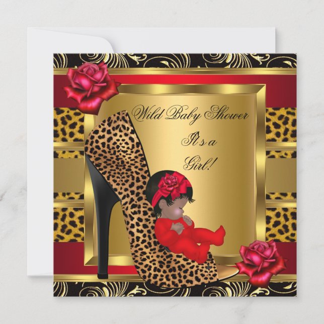 Baby Shower Flicka Röda Rosor Guld Vild Leopard 3 Inbjudningar (Framsida)