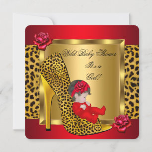 Baby Shower Flicka Röda Rosor Guld Vild Leopard 3 Inbjudningar