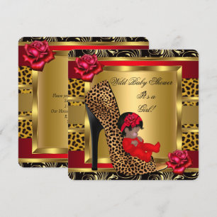 Baby Shower Flicka Röda Rosor Guld Vild Leopard 3 Inbjudningar