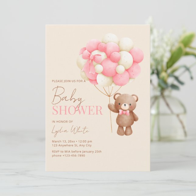 Baby Shower-flicka, Rosa Baby Nalle Inbjudningar (Stående Fram)
