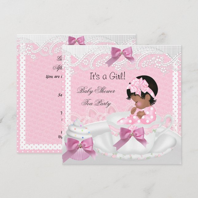Baby Shower Flicka Rosa Baby Tekopp Cupcake AA Inbjudningar (Fram/baksida)
