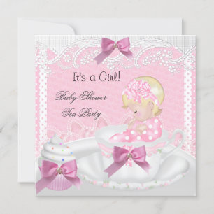 Baby Shower Flicka Rosa Baby Tekopp Cupcake Blond Inbjudningar